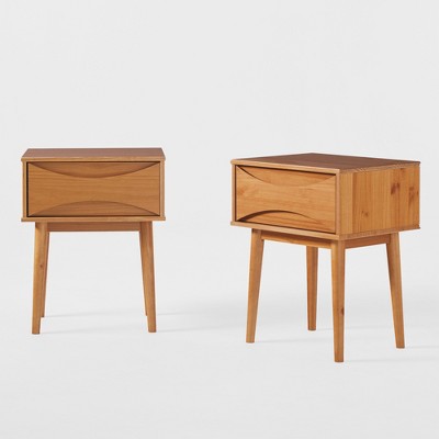Caramel Pine Wood Mid-Century Modern 1-Drawer Nightstand Set
