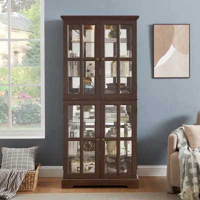 Tall Antique Lighted Glass Display Cabinet with Adjustable Shelves,Vintage Curio Showcase for Collectibles Storage-Baofuwish