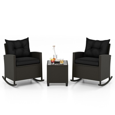 Tangkula Set of 3 Wicker Rocking Set w/ Tempered Glass Table Patio Outdoor