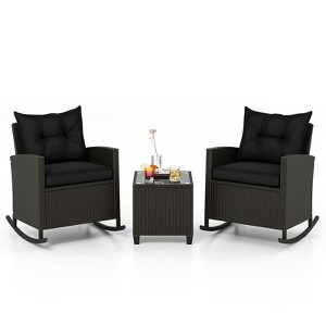 Tangkula Set of 3 Wicker Rocking Set w/ Tempered Glass Table Patio Outdoor - 1 of 4