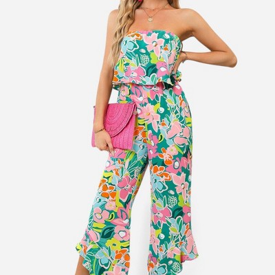 Amaryllis Women's Strapless Ruffle Hem Jumpsuit Smocked Waist Wide Leg Flowy One-Piece Effortless Outfit