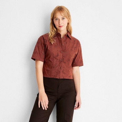 Women's Floral Print Short Sleeve Eyelet Button-Down Shirt - Future Collective™ with Reese Blutstein Rust L