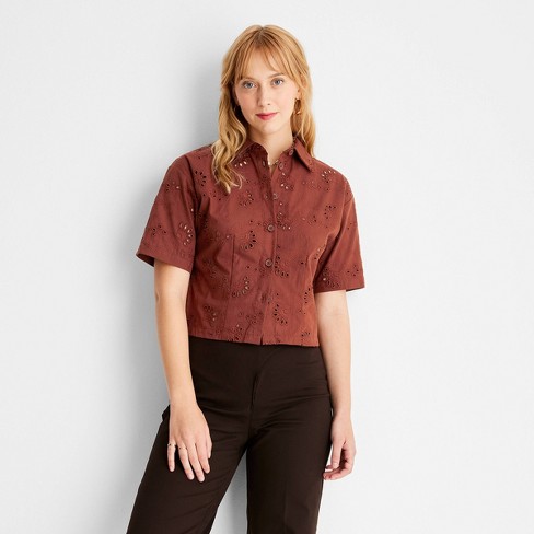 Women's Floral Print Short Sleeve Eyelet Button-Down Shirt - Future  Collective™ with Reese Blutstein Rust XXS