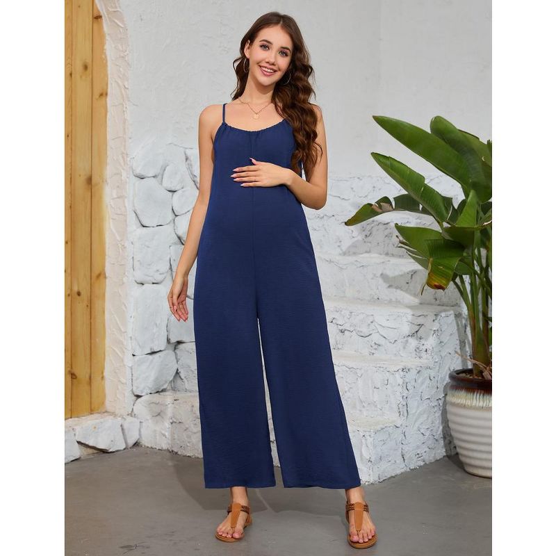 Maternity Jumpsuit Summer Sleeveless Spaghetti Strap Long Pants Wide Leg Overalls Romper with Pockets, 3 of 8