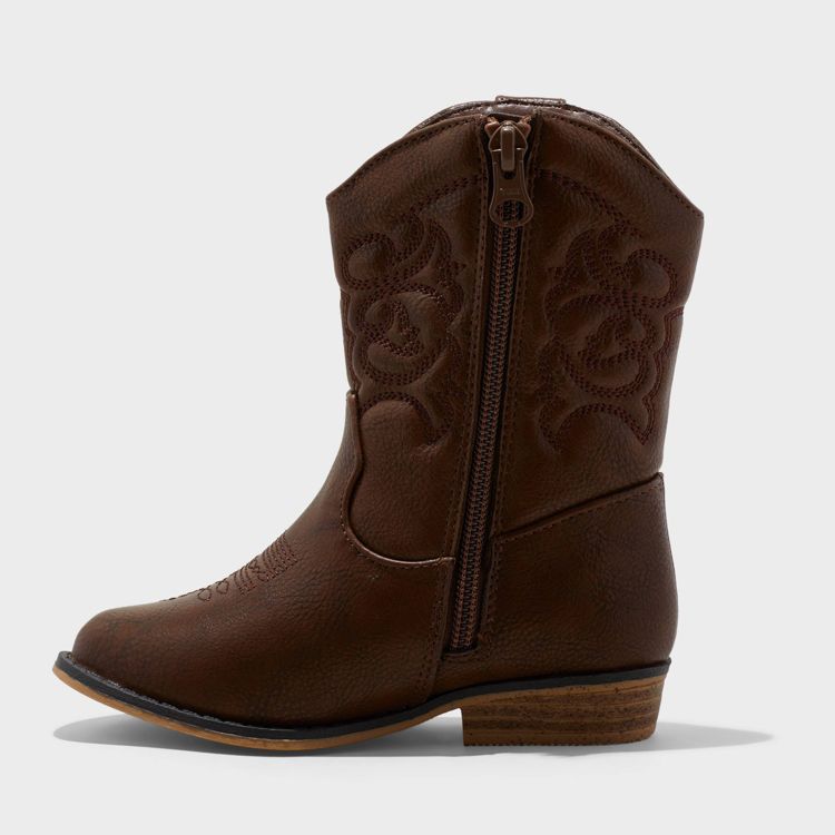 Brown colored boot with decorative stitching and a side zipper.