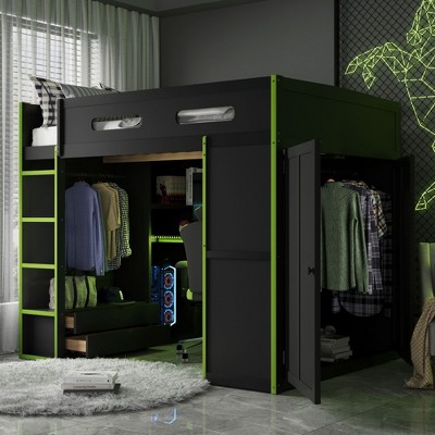 NicBex Full Size Metal Gaming Loft Bed with RGB Lights,Desk,2 Built-In Wardrobe&Drawers,Versatile Loft Bed Platform for Gamers&Teens,551lbs Max