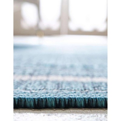 Teal and Beige Synthetic Flat Woven 9' x 12' Outdoor Rug