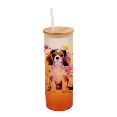 100 North 25 Ounce Frosted Glass Gradient Travel Tumbler With Straw & Wooden Lid, King Charles Spaniel Paint Splatter Orange