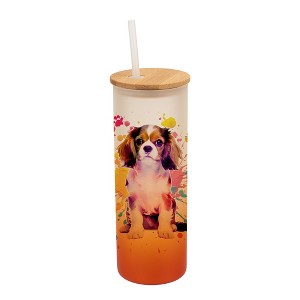 100 North 25 Ounce Frosted Glass Gradient Travel Tumbler With Straw & Wooden Lid, King Charles Spaniel Paint Splatter Orange - 1 of 4
