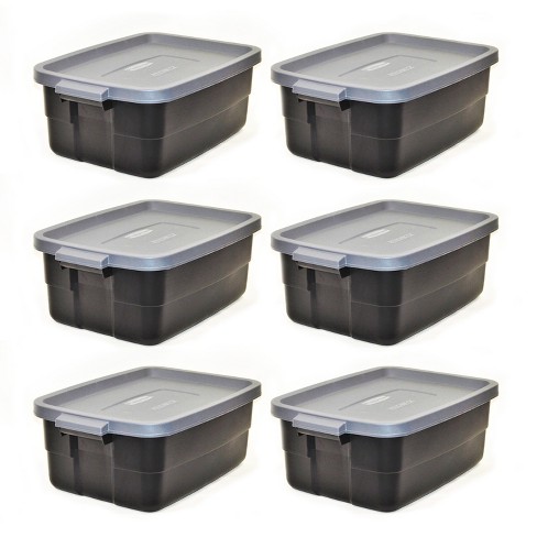 Rubbermaid Roughneck Tote 10 Gallon Stackable Storage Container w/ Cool  Gray Stay Tight Lid & Easy Carry Handles, Black (6 Pack)