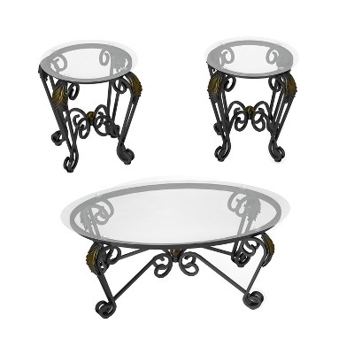 VYNXARIA Tempered Glass Surface Coffee Table Set of 3, Decor Elliptical Coffee Table with Round End Side Tables, Rustic Black