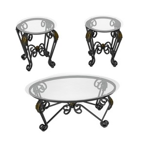 VYNXARIA Tempered Glass Surface Coffee Table Set of 3, Decor Elliptical Coffee Table with Round End Side Tables, Rustic Black - 1 of 4