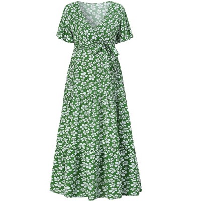 Maternity Dress Women's V-Neck Puff Sleeve Pleated Maternity Maxi Dress for Baby Shower or Casual Wear green flower  M