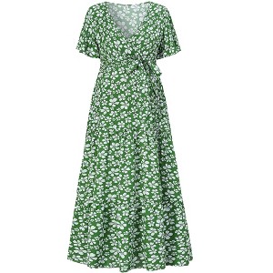 V-neck flared sleeve short sleeved long maternity dress - 1 of 1