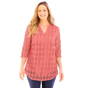 Catherines Women's Plus Size Textured Lace Knit Top - 1 of 3