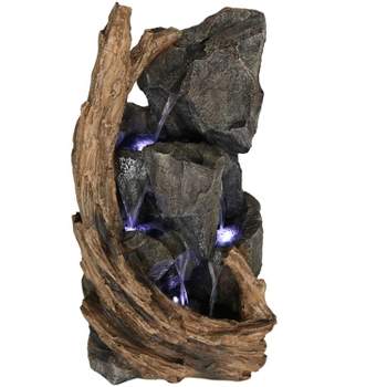 Sunnydaze 35"H Electric Polyresin Cascading Mountainside Outdoor Water Fountain with LED Lights