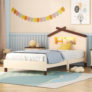 Wood Bed Frame With House-Shaped Headboard Motion Activated Night Lights 300LBS Max Load Easy Assembly Platform Bed - 1 of 4