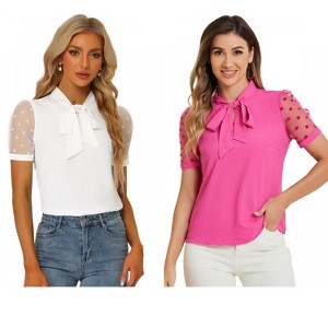 INSPIRE CHIC Women's Bow Tie V Neck Stand Collar Short Mesh Sleeve Blouse 2 Packs - 1 of 4