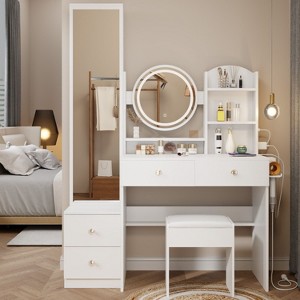 NicBex Vanity Desk with Mirror and Light Vanity with Full Body Mirror Cabinet and Round Mirror, Built-in Socket, Cushioned Stool for Bedroom - 1 of 4