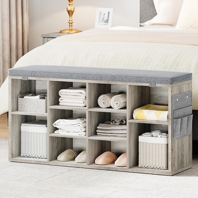 WhizMax Shoe Storage Bench, 10 Cubbies, Cushion, Adjustable Shelves, Entryway Bench, 41x12x20.8 inches, Gray