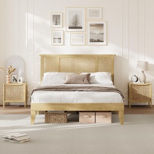GustoWave Bed Frame with Natural Rattan Headboard, Strong Wooden Slats - 1 of 4