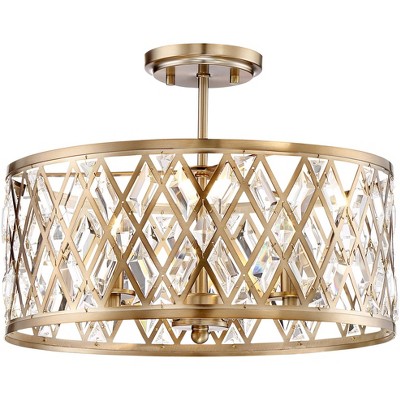 Possini Euro Design Modern Ceiling Light Semi Flush Mount Fixture Satin Brass Drum 16 1/2" Wide Crystal for Bedroom Living Room