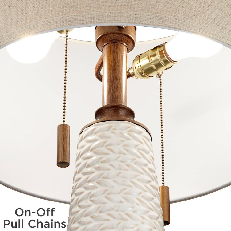 Possini Euro Design Kingston Modern Mid Century Table Lamps 32 3/4" Tall Set of 2 White Textured Ceramic Taupe Drum Shade for Bedroom Living Room Home, 5 of 9