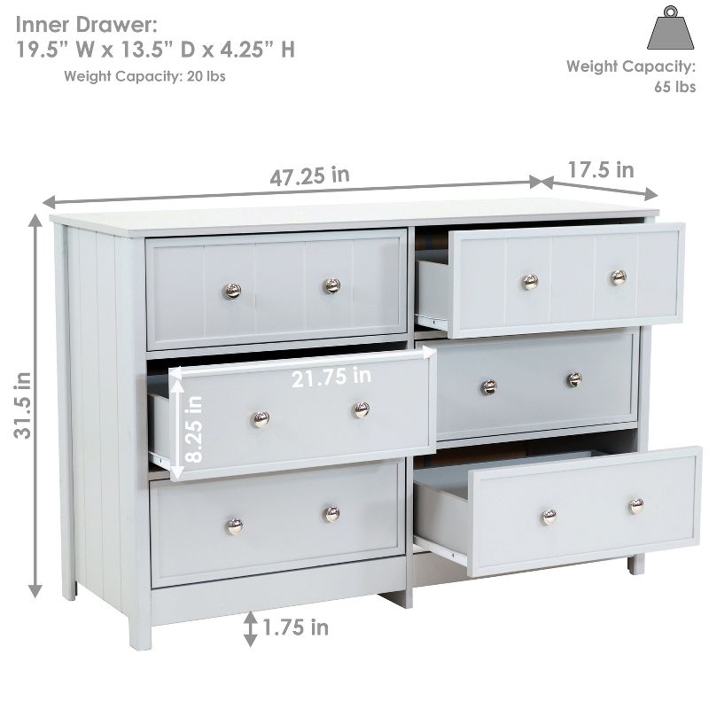Sunnydaze MDF Indoor Beadboard Double Dresser with 6 Drawers - 31.5" H - Gray, 4 of 13