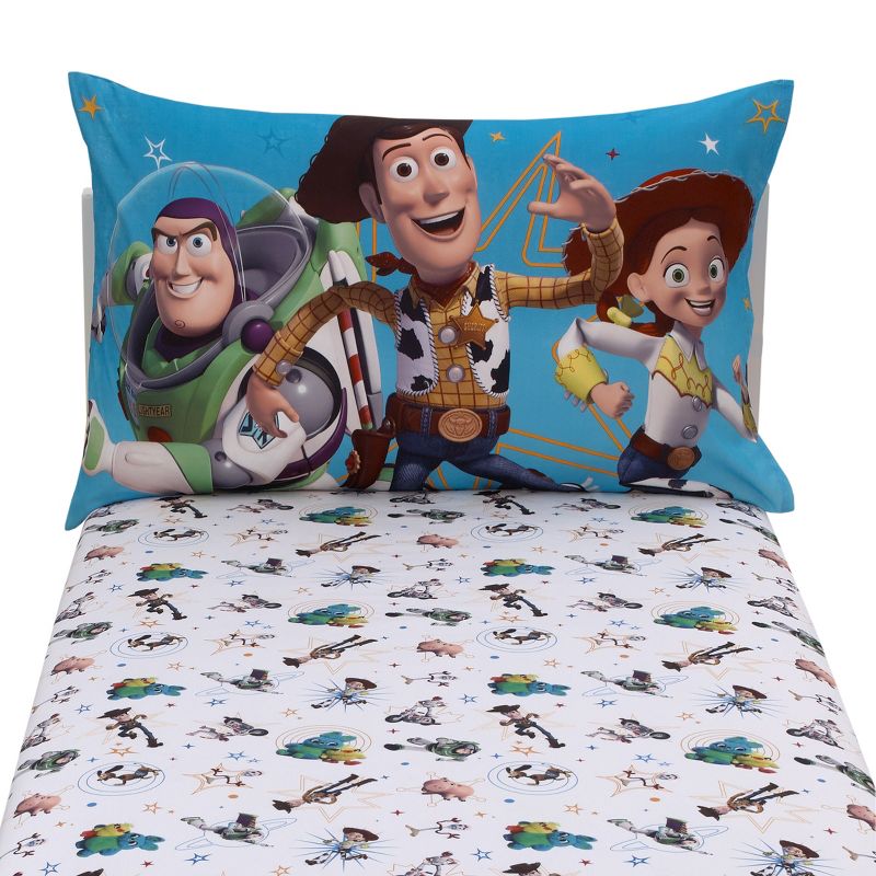 Disney Toy Story It's Play Time Blue, Green, and White, Woody and Buzz 2 Piece Toddler Sheet Set - Fitted Bottom Sheet and Reversible Pillowcase, 5 of 7