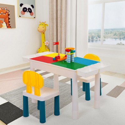 DOMETOUR All-in-One Kids Activity Table and Chairs Set, Building Block Table with 100Pcs DIY Blocks Toys, Study Desk for Toddlers