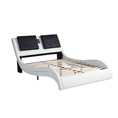Platform Bed Frame With LED Light And USB Charging Ports Headboard, Wave-Like Curve Backrest Vibration Massage King Size Upholstered Faux Leather Bed