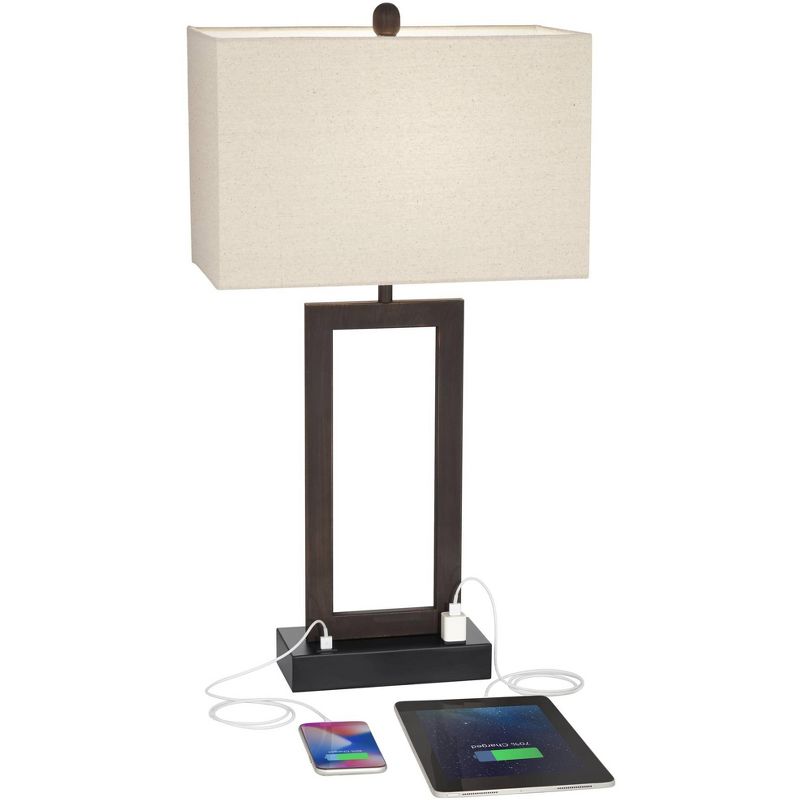 360 Lighting Todd Modern Table Lamp 30" Tall Bronze Rectangular with USB and AC Power Outlet in Base Oatmeal Fabric Shade for Living Room Office House, 4 of 11