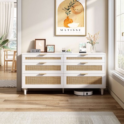 VYNXARIA 59" White Rattan Dresser with 6 Drawers for Stylish Storage in Bedroom & Living Room