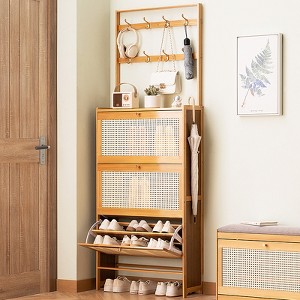 KTMBDW Freestanding Shoe Cabinet with 3 Flip Drawers, Natural Rattan Shoe Storage Organizer, Slim Shoe Storage with Coat Hooks for Entryway, Natural - 1 of 4