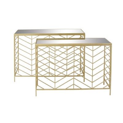 Set of 2 Contemporary Console Tables Gold - Olivia & May: Sturdy Iron, Glass Top, No Assembly Required