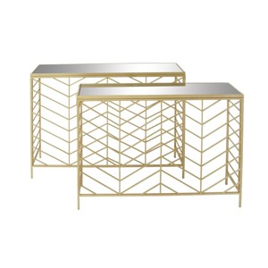 Set of 2 Contemporary Console Tables Gold - Olivia & May: Sturdy Iron, Glass Top, No Assembly Required - 1 of 3