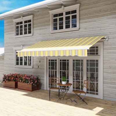 Yellow and Grey Striped Retractable Patio Awning with Aluminum Frame