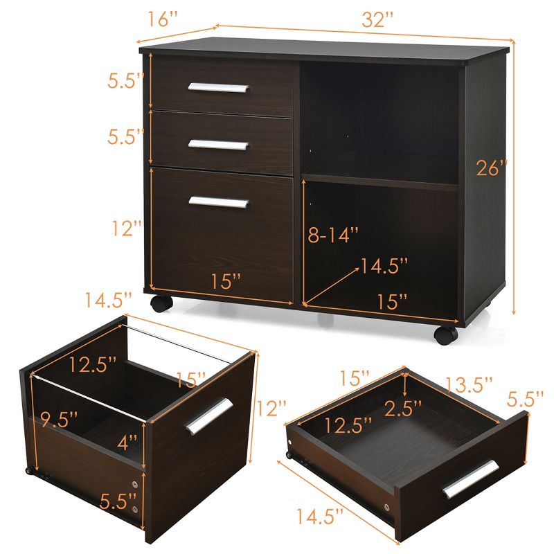 Costway 3-Drawer File Cabinet Mobile Lateral Cabinet Printer Stand Espresso\Black, 4 of 11