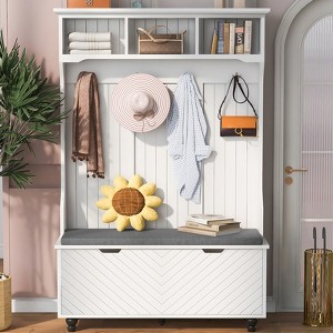 Hall Tree w/Shoe Cabinet, 4 Hookers and Open Shelves, Modern Entryway Cabinet w/Bench & Shoe Storage, 4-in-1 Coat Rack for Hallway, Living Room - 1 of 4