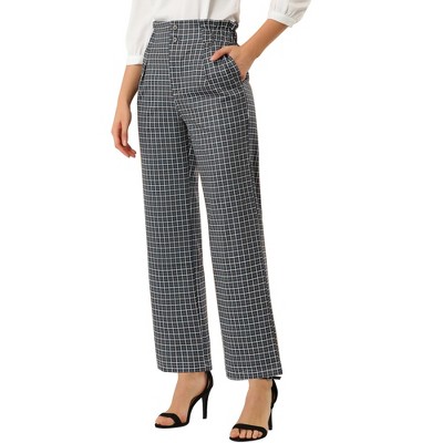 Allegra K Women's High Waist Casual Plaid Tartan Straight Leg Long Pants