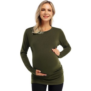 Clearlove Womens Maternity Shirt Fall Long Sleeve Crew Neck T-Shirts Pregnancy Clothes Side Ruched Tunic Tops - 1 of 4