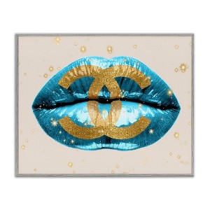 Stupell Industries Designer Fashion Logo Lustrous Blue Lipstick Lips Black Framed Giclee Art - 1 of 4