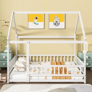 Whisen Full Size Bed & Floor Bed, Wooden Structure with Fence Design for Safe & Imaginative Sleep Spaces For Children - 1 of 4