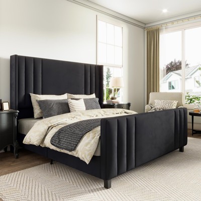 AMERLIFE Velvet Upholstered Platform Bed with Vertical Channel Tufted Headboard/Wingback