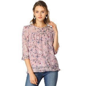 INSPIRE CHIC Women's Round Neck Ruffle 3/4 Sleeve Floral Print Chiffon Blouse - 1 of 4