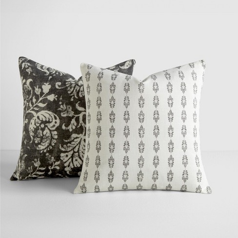 2 Pack Cotton Slub Charcoal Distressed Floral Throw Pillows and Pillow Inserts Set Becky Cameron Distressed Floral Charcoal 20 x 20