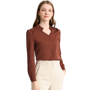 Allegra K Women's Elegant V Neck Work Office Button Up Shirt - 1 of 4