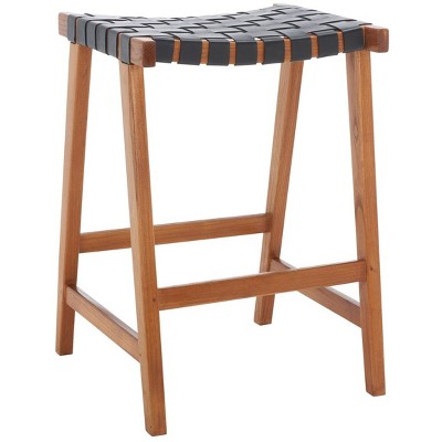 Abreu Black Woven Leather and Natural Wood Counter Stool