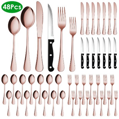 NewHome "48-Piece Stainless Steel Silverware Set for 8, Knife Fork Spoon Flatware, Dishwasher Safe for Home & Restaurant" RoseGold