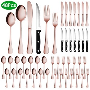 NewHome "48-Piece Stainless Steel Silverware Set for 8, Knife Fork Spoon Flatware, Dishwasher Safe for Home & Restaurant" RoseGold - 1 of 3